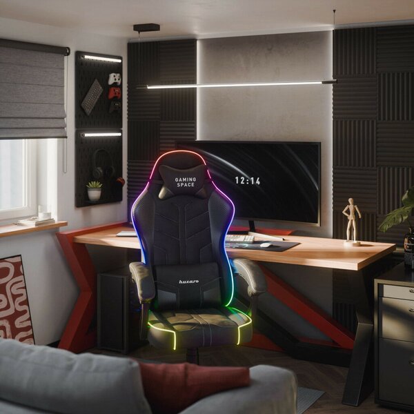 Gamer szék, forgó, ergonómikus, RGB világítással, fekete