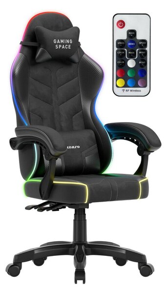 Gamer szék, forgó, ergonómikus, RGB világítással, fekete