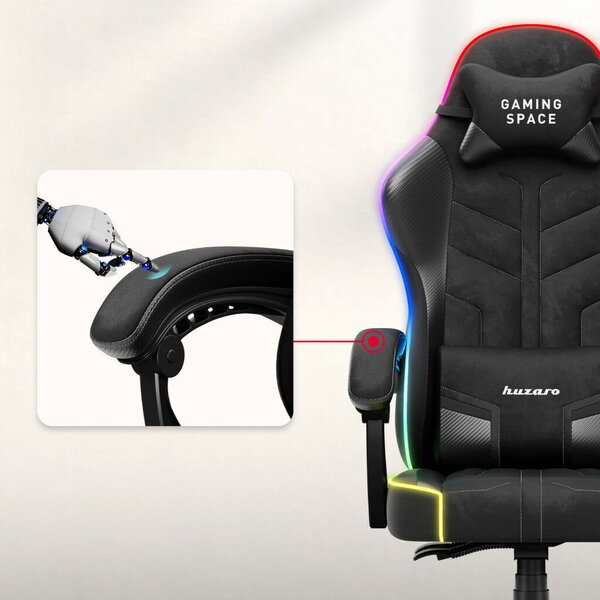 Gamer szék, forgó, ergonómikus, RGB világítással, fekete
