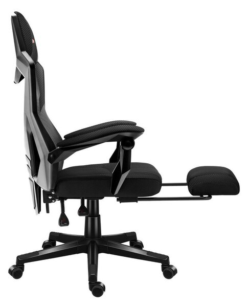 Gamer szék, lábtartó, lélegző anyag, ergonómikus kartámaszok, fekete