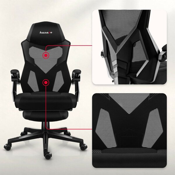 Gamer szék, lábtartó, lélegző anyag, ergonómikus kartámaszok, fekete