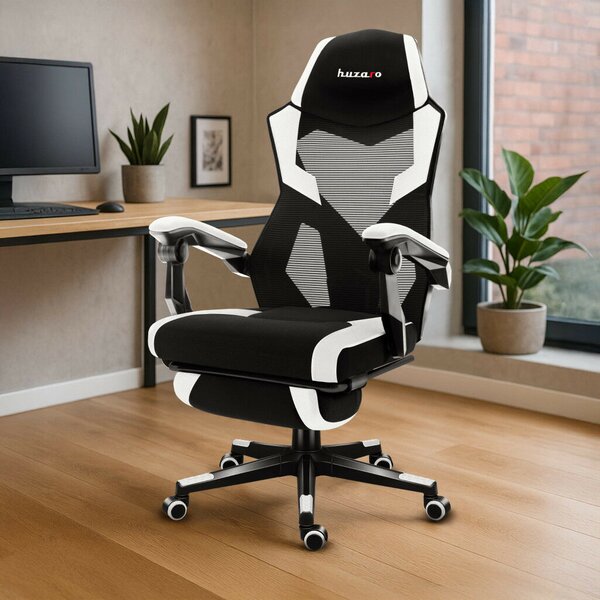 Gamer szék, lábtartó, lélegző anyag, ergonómikus kartámaszok, fekete-fehér