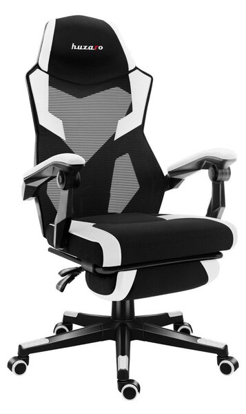 Gamer szék, lábtartó, lélegző anyag, ergonómikus kartámaszok, fekete-fehér