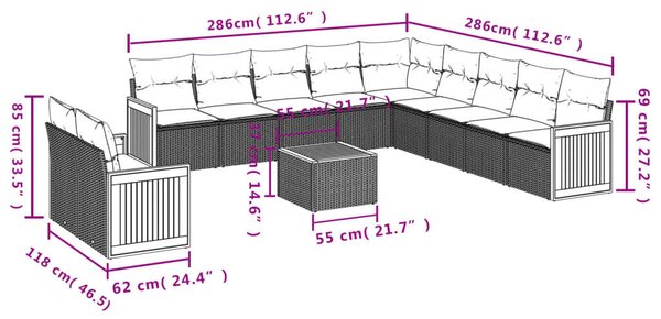 VidaXL 12 részes fekete polyrattan kerti ülőgarnitúra párnákkal