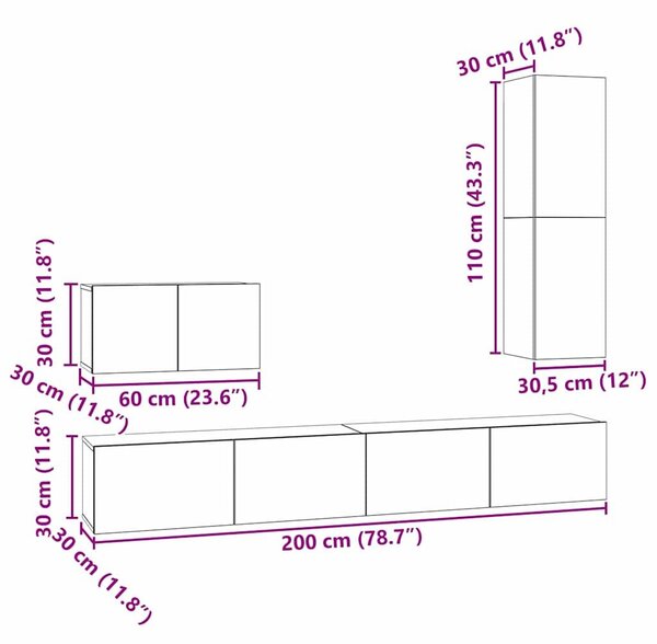 VidaXL TV Szekrény Szett 4 pcs kézműves tölgy 200 x 30 x 30 cm Faanyag