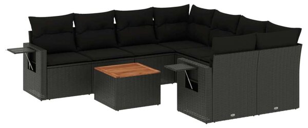 VidaXL 9 részes fekete polyrattan kerti ülőgarnitúra párnákkal