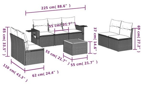 VidaXL 8-részes szürke polyrattan kerti ülőgarnitúra párnákkal