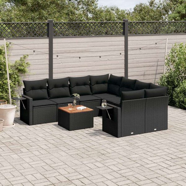 VidaXL 9 részes fekete polyrattan kerti ülőgarnitúra párnákkal