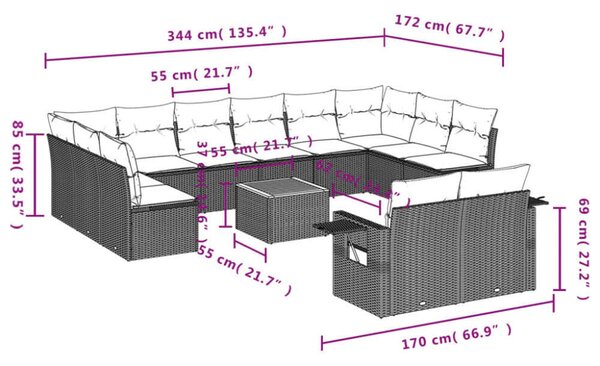 VidaXL 13 részes fekete polyrattan kerti ülőgarnitúra párnákkal