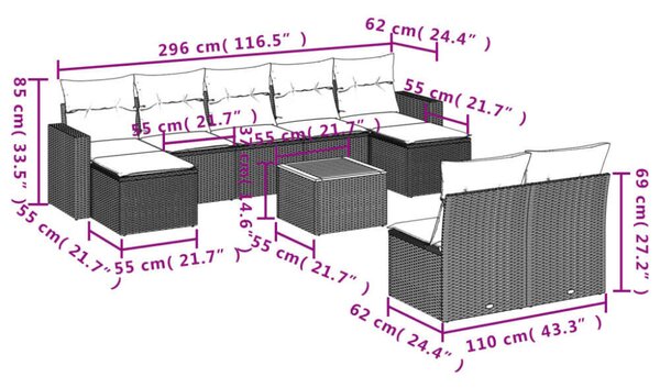 VidaXL Polyrattan Kerti Ülőgarnitúra - 10 részes - Szürke