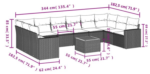 VidaXL Polyrattan Kerti Ülőgarnitúra - 11 részes - Fekete