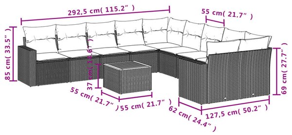 VidaXL Polyrattan Kerti Ülőgarnitúra - 11 részes - Szürke