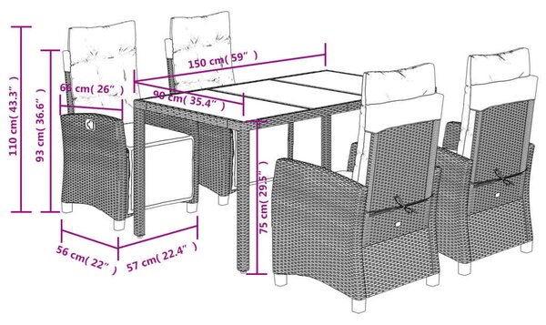 VidaXL 5 részes fekete polyrattan kerti étkezőgarnitúra párnákkal