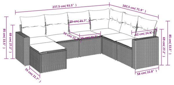 VidaXL Polyrattan Kerti Ülőgarnitúra - 7 részes - Fekete