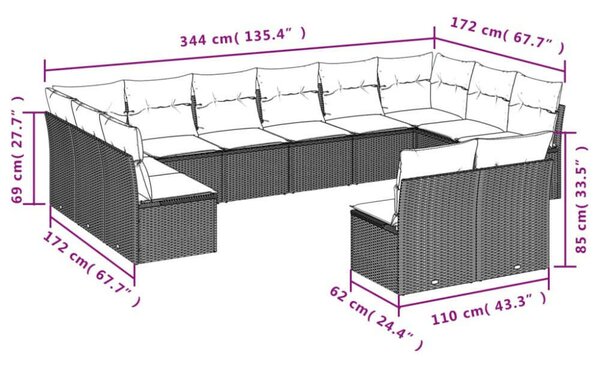 VidaXL Polyrattan Kerti Ülőgarnitúra - 12 részes - Fekete