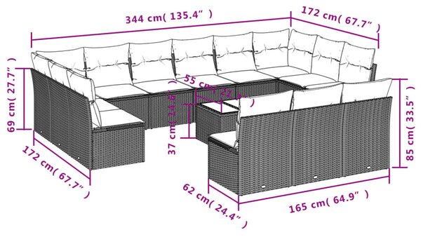 VidaXL 14 részes barna polyrattan kerti ülőgarnitúra párnákkal