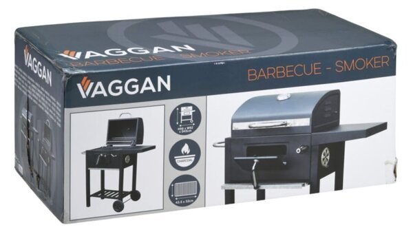 VAGGAN faszenes grill és füstölő, fedővel, hőmérővel és tárolóhellyel, 92 x 46 x 96 cm, fekete