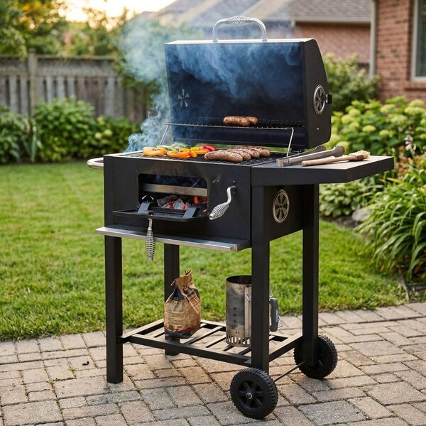 VAGGAN faszenes grill és füstölő, fedővel, hőmérővel és tárolóhellyel, 92 x 46 x 96 cm, fekete