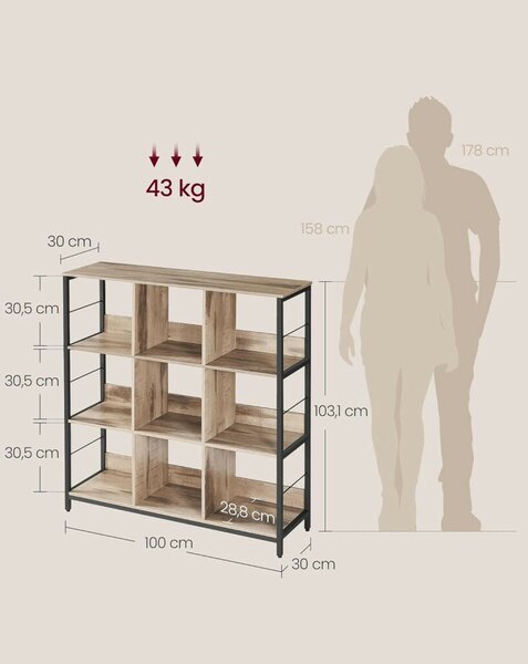 Könyvespolc, 3 szintes, homokbarna, 30 x 100 x 103 cm