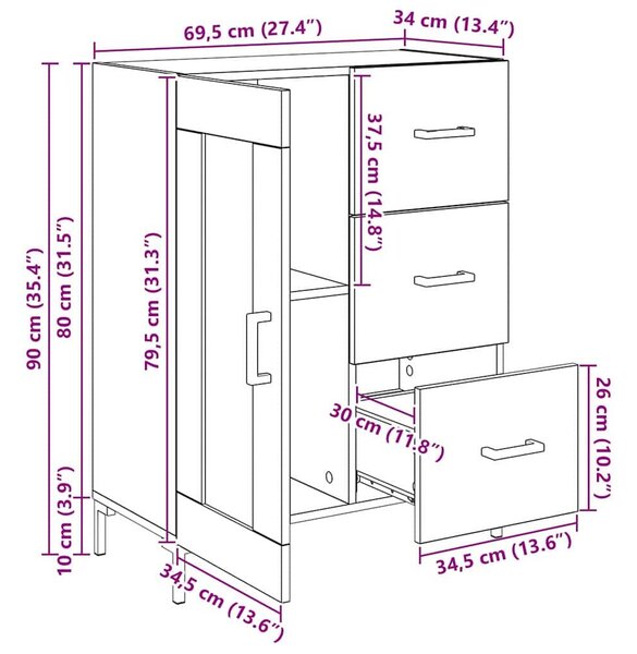 VidaXL Széf fiókkal Musta tammi 69.5 x 34 x 90 cm Faanyag