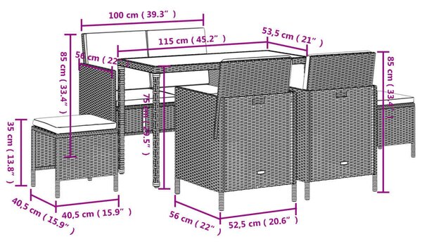 Polyrattan Kerti Étkezőgarnitúra - 6 részes - Barna