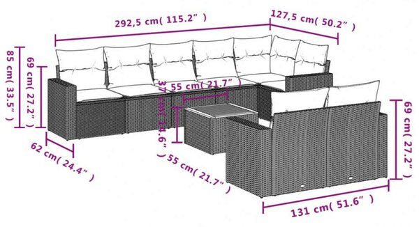 VidaXL Polyrattan Kerti Ülőgarnitúra - 9 részes - Szürke