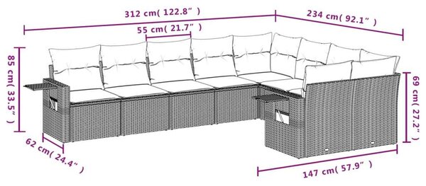 VidaXL 9-részes bézs polyrattan kerti ülőgarnitúra párnákkal