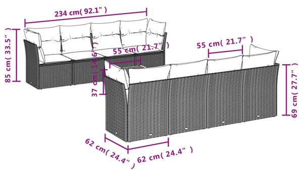 VidaXL Polyrattan Kerti Ülőgarnitúra - 9 részes - Fekete