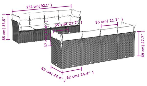 VidaXL Polyrattan Kerti Ülőgarnitúra - 9 részes - Fekete