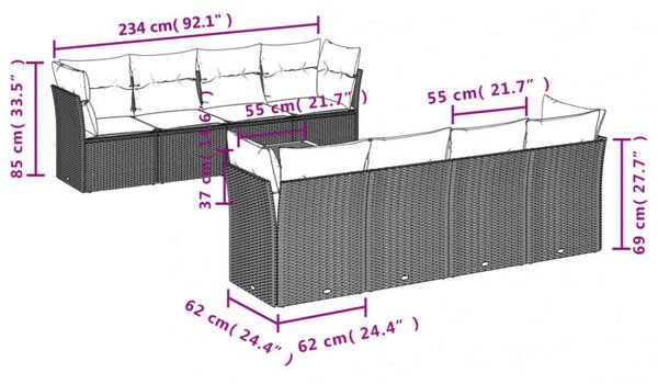 VidaXL Polyrattan Kerti Ülőgarnitúra - 9 részes - Fekete