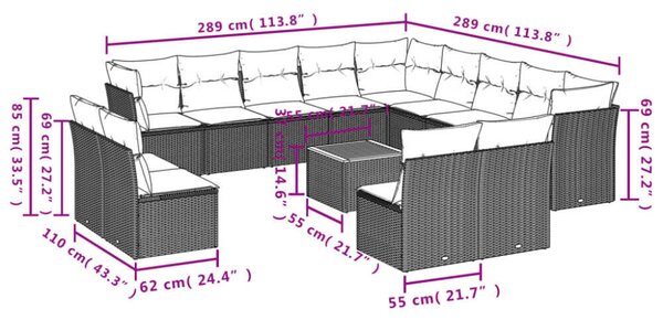 VidaXL Polyrattan Kerti Ülőgarnitúra - 14 részes - Szürke