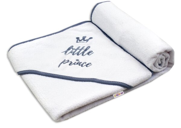 Baby Nellys, Little prince gyermek thermo törülköző kapucnival, 100 x 100 cm - fehér, szürke hímzés