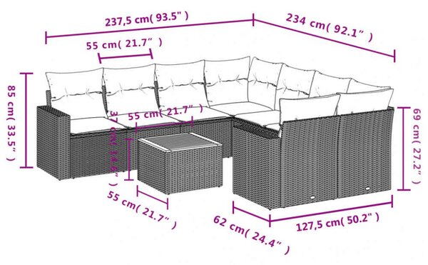 VidaXL 9-részes bézs polyrattan kerti ülőgarnitúra párnákkal