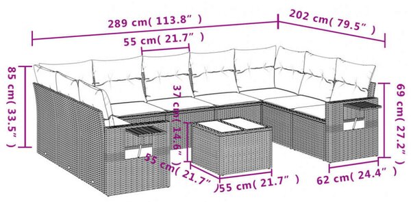 VidaXL Polyrattan Kerti Ülőgarnitúra - 10 részes - Szürke