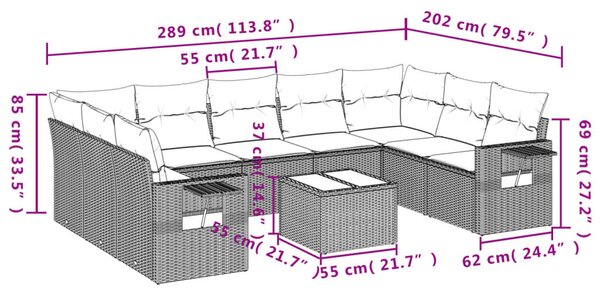 VidaXL Polyrattan Kerti Ülőgarnitúra - 10 részes - Szürke