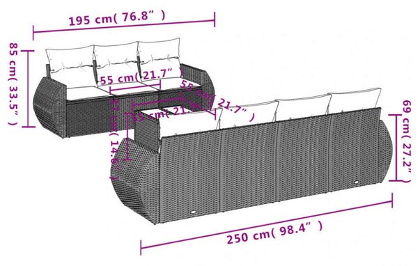 VidaXL Polyrattan Kerti Ülőgarnitúra - 8 részes - Szürke