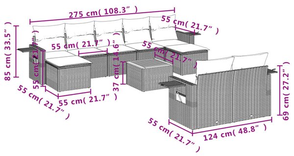 VidaXL 10 részes fekete polyrattan kerti ülőgarnitúra párnákkal