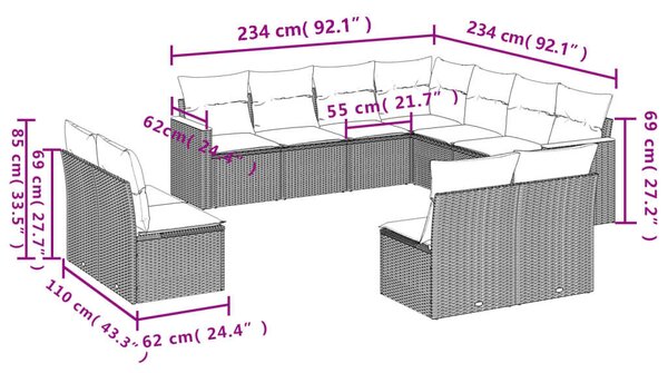 VidaXL Polyrattan Kerti Ülőgarnitúra - 11 részes - Fekete