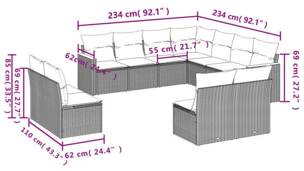 VidaXL Polyrattan Kerti Ülőgarnitúra - 11 részes - Fekete