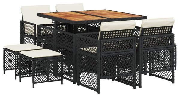 VidaXL Kerti Étkezőgarnitúra - 9 részes - Fekete Polyrattan