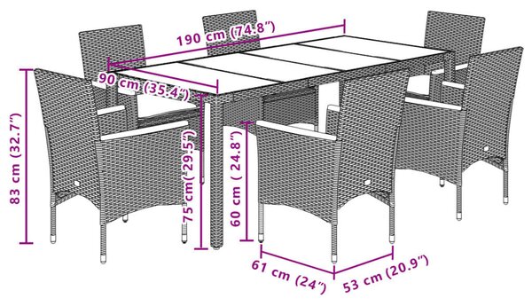 Polyrattan Kerti Étkezőgarnitúra - 7 részes - Fekete