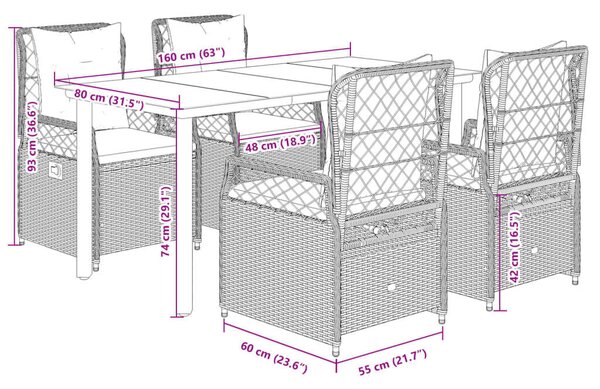 VidaXL 5 részes barna polyrattan kerti étkezőgarnitúra párnákkal