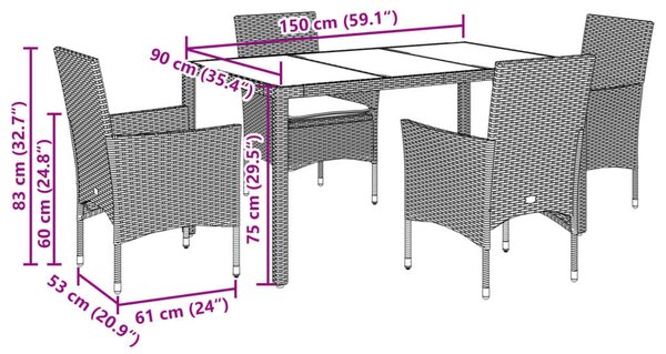 Polyrattan Kerti Étkezőgarnitúra - 5 részes - Szürke