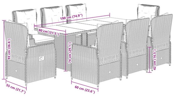 VidaXL Kerti Étkezőgarnitúra - 9 részes - Fekete Polyrattan