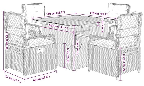 VidaXL 5 részes Kerti Étkezőgarnitúra - Fekete Polyrattan