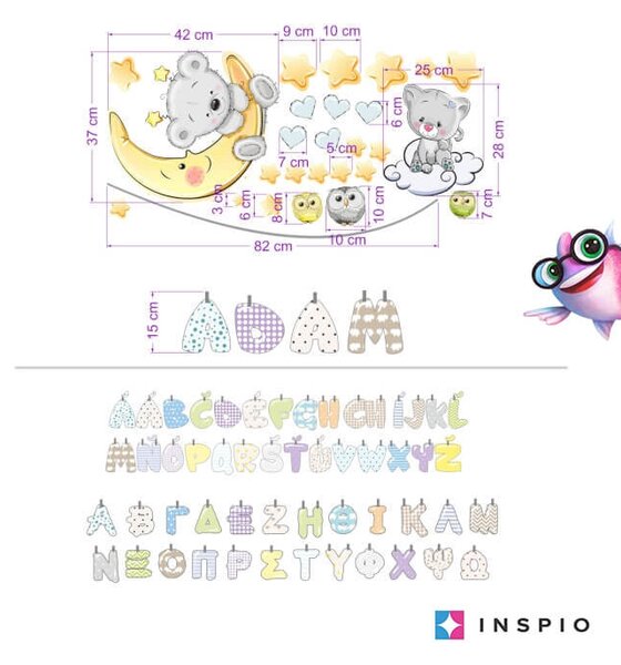 INSPIO - átragasztható textil matrica - Gyerekszoba falmatrica - Névre szóló állatkás falmatrica fiúknak
