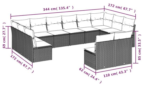 VidaXL Polyrattan Kerti Ülőgarnitúra - 12 részes - Fekete