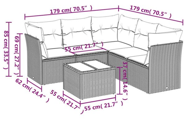 VidaXL 6 részes fekete polyrattan kerti ülőgarnitúra párnákkal