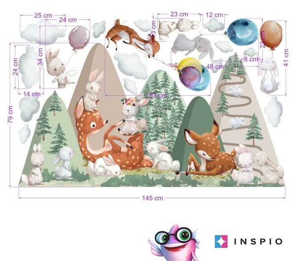 INSPIO - átragasztható textil matrica - Falmatricák gyerekeknek - Dombok őzikékkel és nyuszikkal