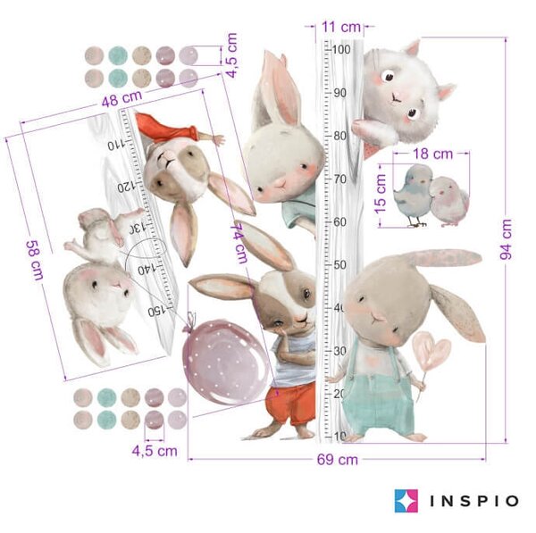 INSPIO - átragasztható textil matrica - Gyermek magasságmérő falmatrica - Akvarell állatkák